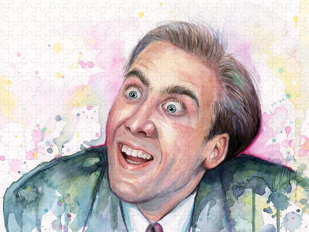 Nic Cage Jigsaw Puzzle featuring the painting Nicolas Cage You Don't Say Watercolor Portrait by Olga Shvartsur