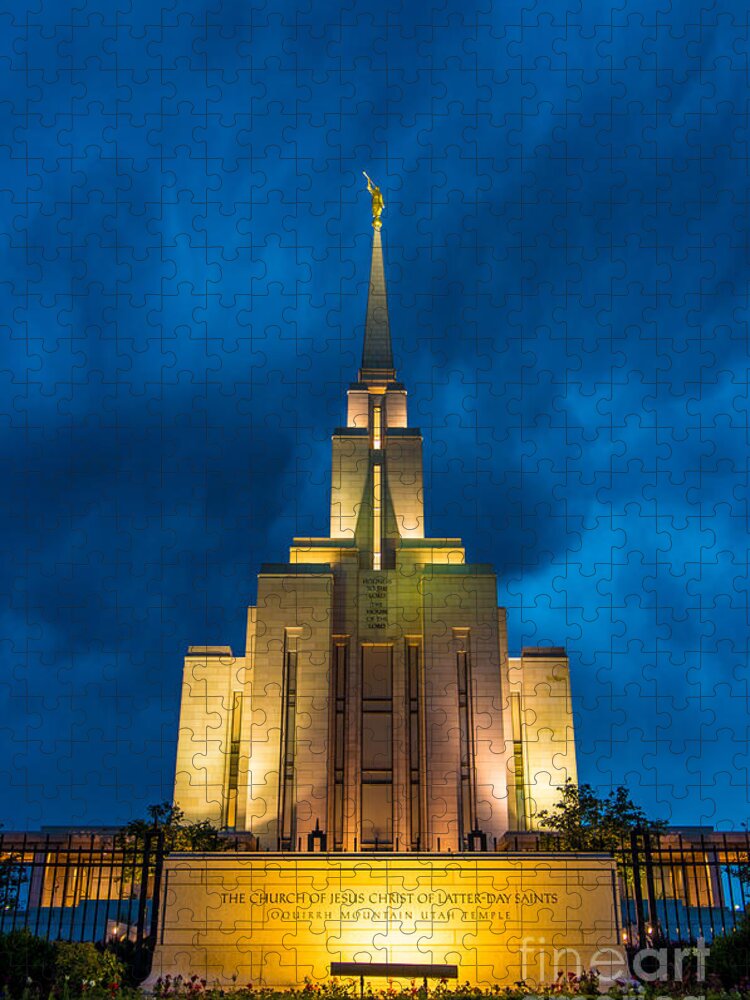Oquirrh Mountain Jigsaw Puzzle featuring the photograph Oquirrh Mountain LDS Temple Evening Thunderstorm #2 by Gary Whitton