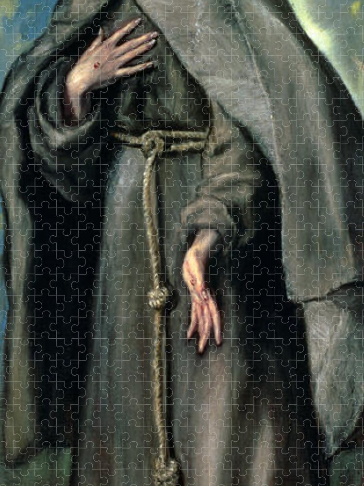 Monk; Cowl; Girdle; Landscape; Stigmata; Habit; Friars Jigsaw Puzzle featuring the painting St Francis of Assisi by El Greco Domenico Theotocopuli