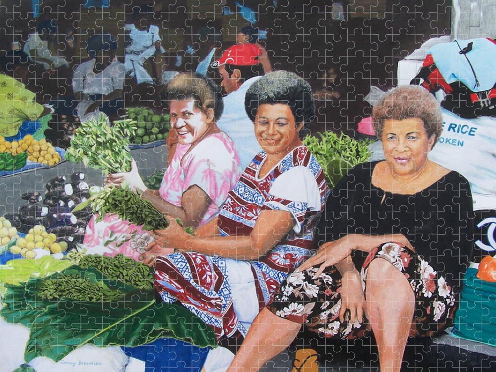 Women Jigsaw Puzzle featuring the mixed media Three Nice Ladies at a Fiji Market by Constance Drescher