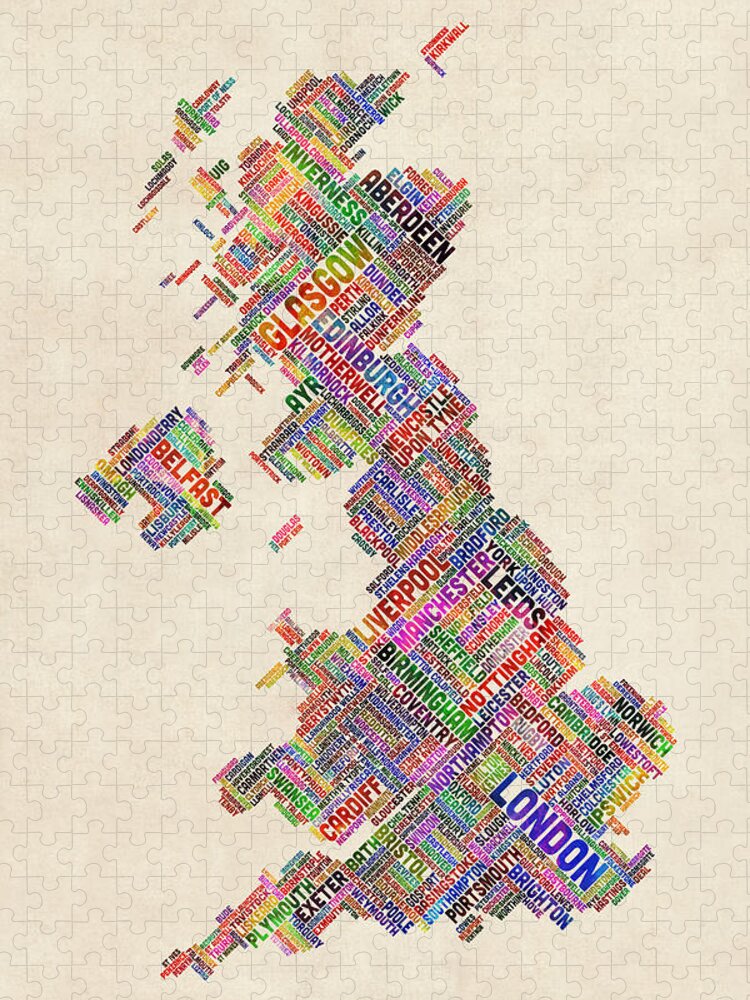 United Kingdom Jigsaw Puzzle featuring the digital art Great Britain UK City Text Map #23 by Michael Tompsett