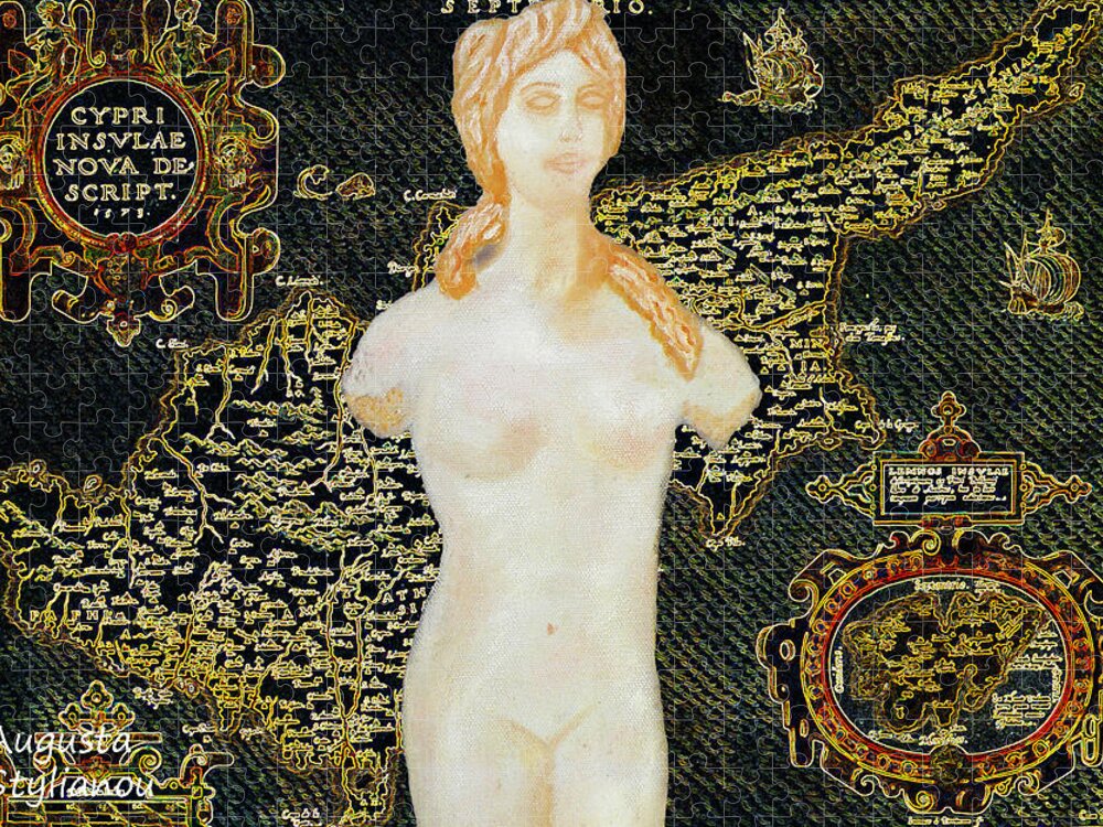 Augusta Stylianou Jigsaw Puzzle featuring the painting Ancient Cyprus Map and Aphrodite #26 by Augusta Stylianou