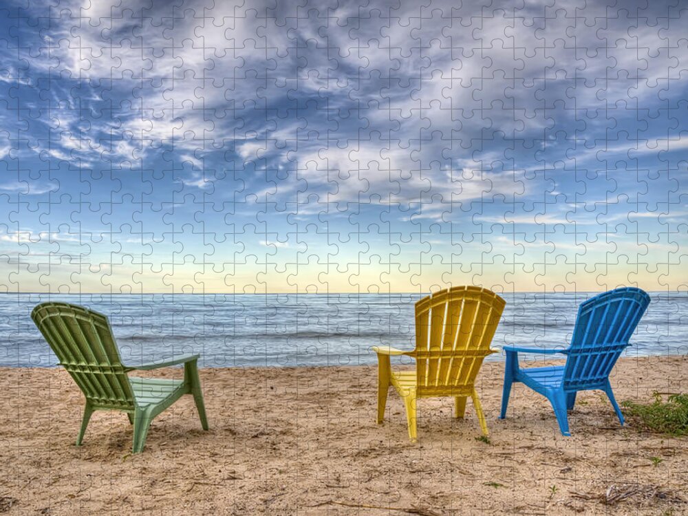 Chairs Beach Water Lake Sky Ocean Summer Relax Lake Michigan Wisconsin Door County Sand Chair Clouds Horizon Peace Calm Quiet Rest Vacation Waves Home Decor Fine Art Photography Fine Art For Sale Blue Yellow Green Landscape Photography Nautical Beach Scene Outdoors Shore Coast Jigsaw Puzzle featuring the photograph 3 Chairs by Scott Norris