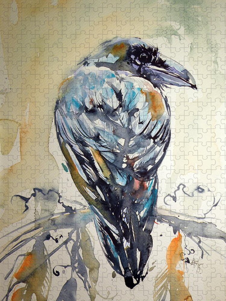 Bird Jigsaw Puzzle featuring the painting Crow #3 by Kovacs Anna Brigitta