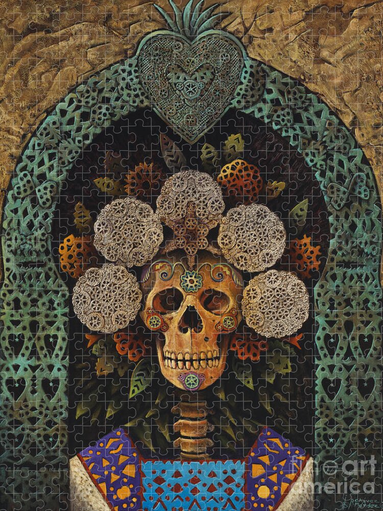 Dia-de-muertos Jigsaw Puzzle featuring the painting Dia De Muertos Madonna by Ricardo Chavez-Mendez