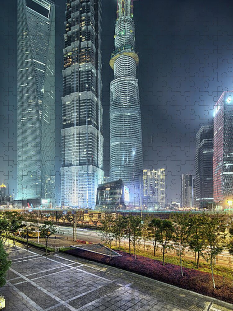Chinese Culture Jigsaw Puzzle featuring the photograph 3 Large Skyscrapers Close Together by Steffen Schnur