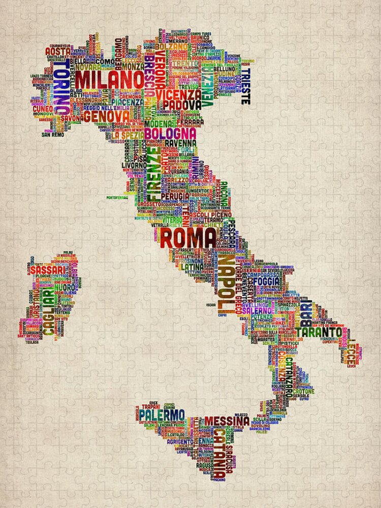 italy Map Jigsaw Puzzle featuring the digital art Text Map of Italy Map by Michael Tompsett