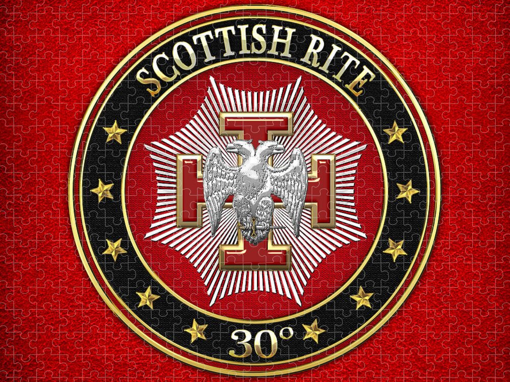 'scottish Rite' Collection By Serge Averbukh Jigsaw Puzzle featuring the digital art 30th Degree - Knight Kadosh Jewel on Red Leather by Serge Averbukh