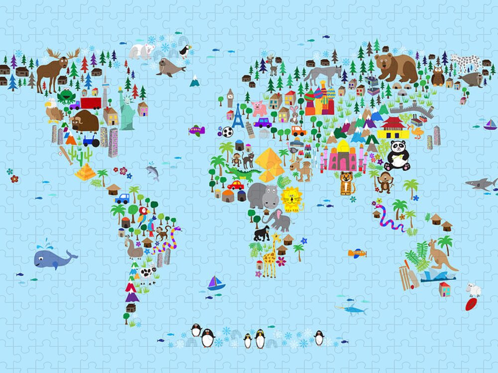 Map Of The World Jigsaw Puzzle featuring the digital art Animal Map of the World for children and kids #4 by Michael Tompsett