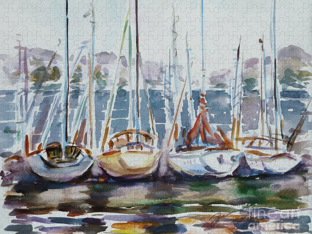 Boats Jigsaw Puzzle featuring the painting 4 Boats by Xueling Zou