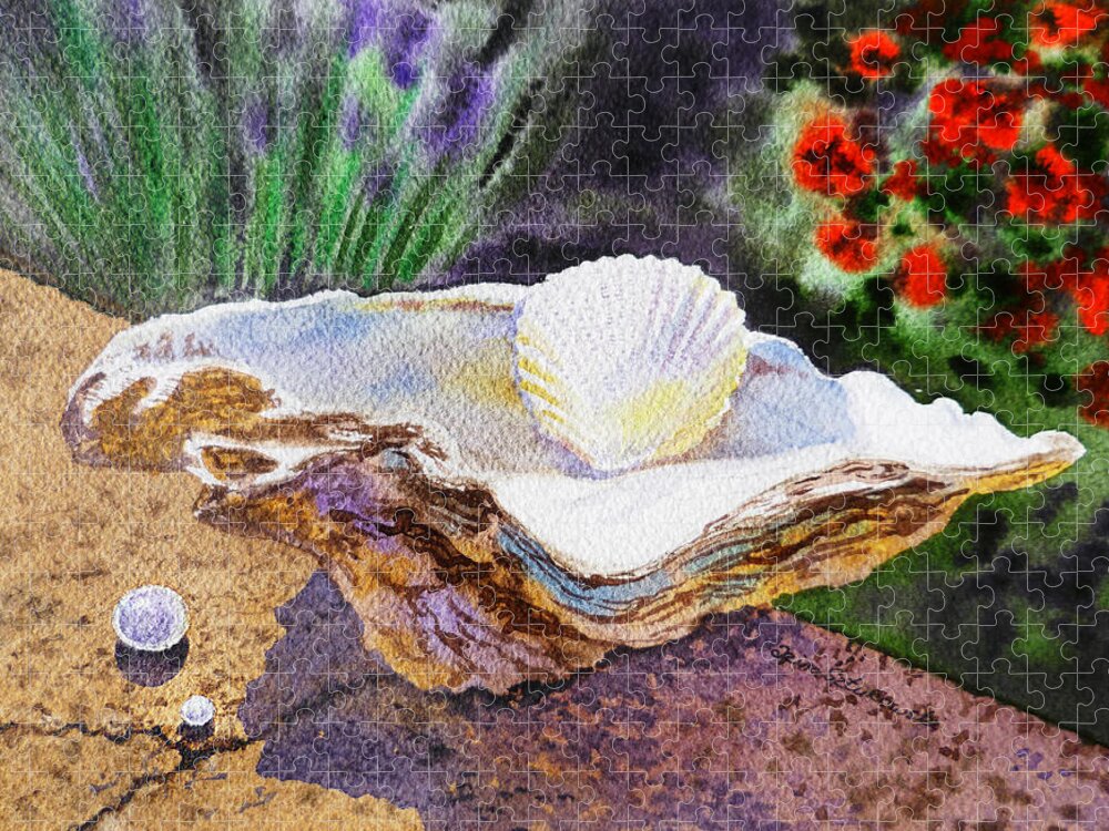 Shell Jigsaw Puzzle featuring the painting Sea Shell and Pearls Morning Light by Irina Sztukowski