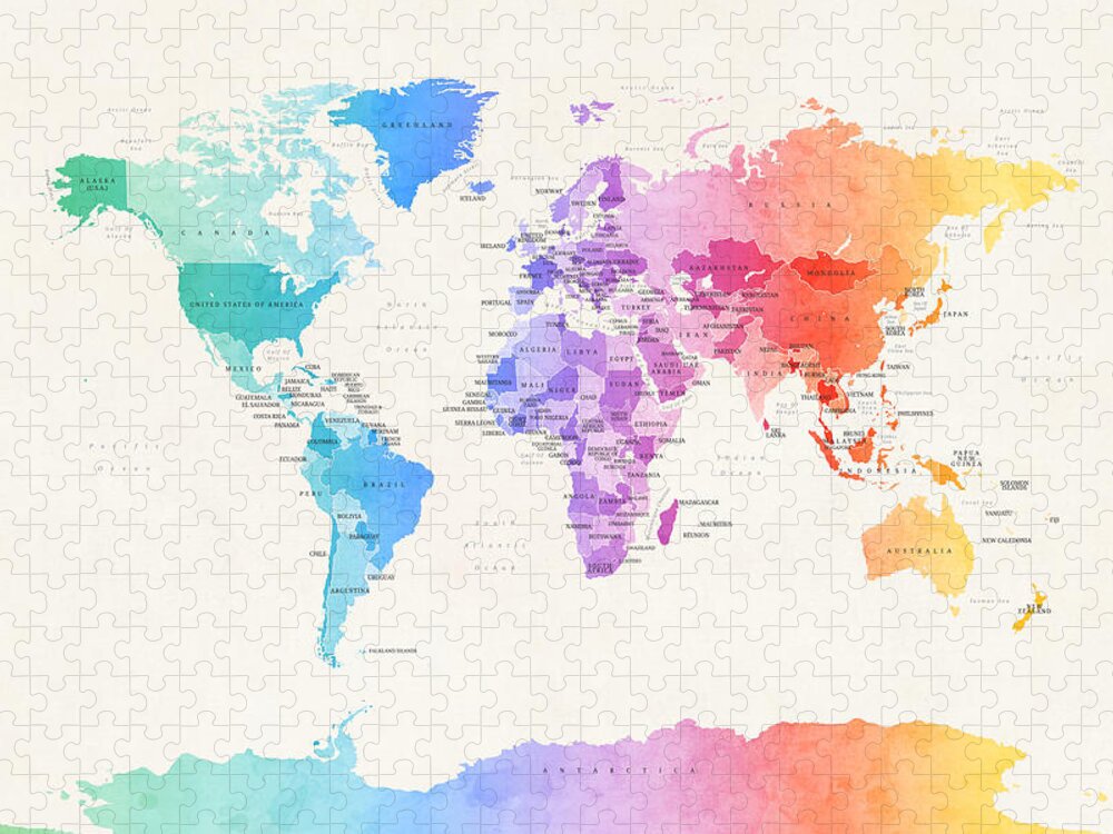 World Map Jigsaw Puzzle featuring the digital art Watercolour Political Map of the World by Michael Tompsett