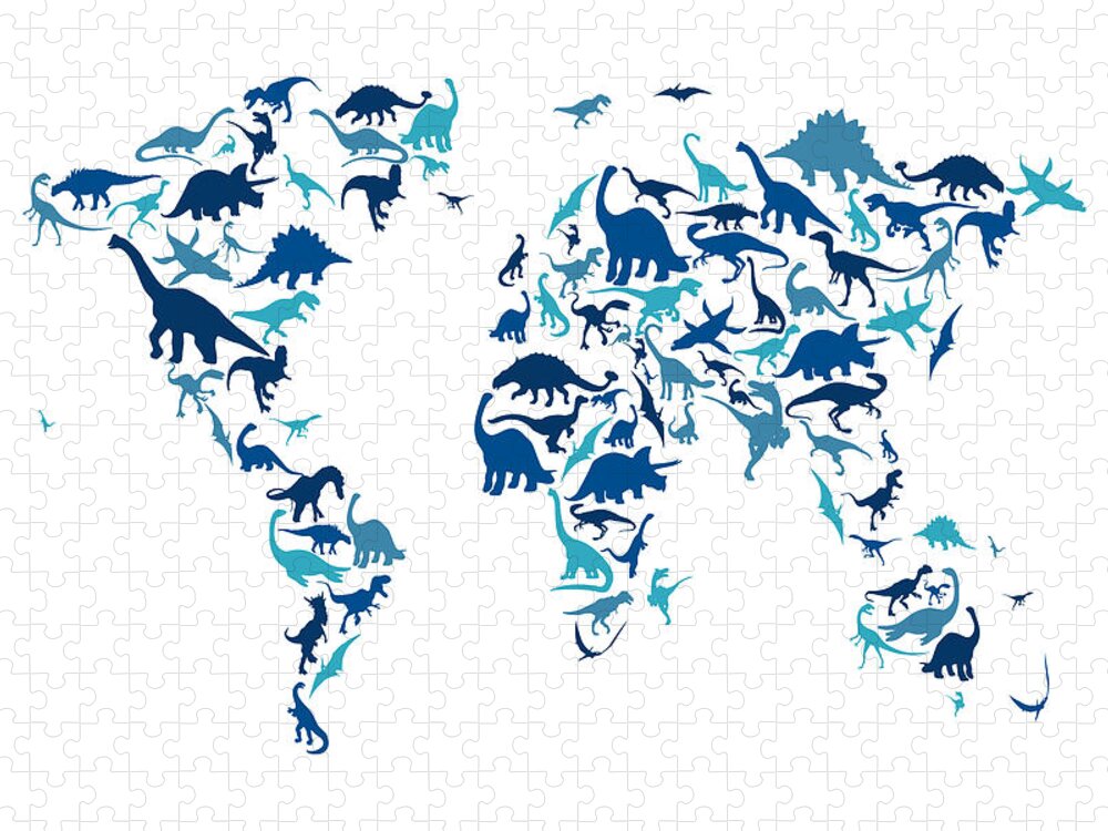World Map Jigsaw Puzzle featuring the digital art Dinosaur Map of the World Map #5 by Michael Tompsett