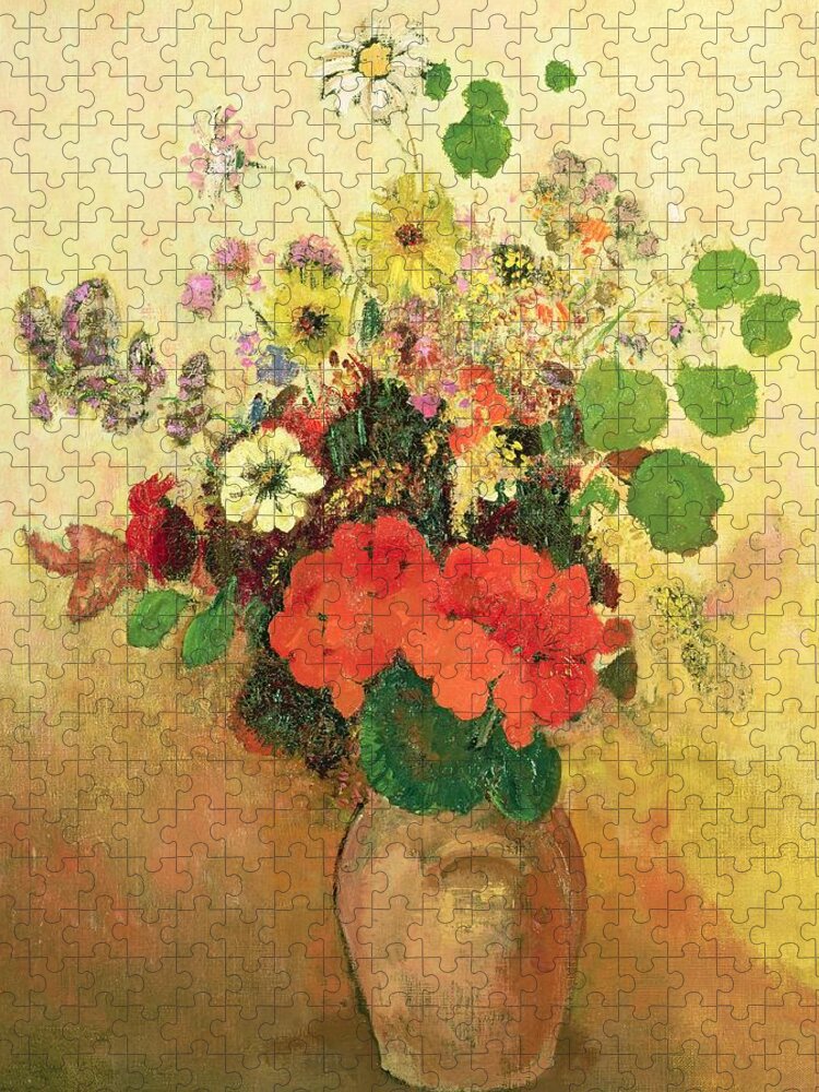 Still Life; Daisy; Vase; Symbolist Jigsaw Puzzle featuring the painting Vase of Flowers by Odilon Redon
