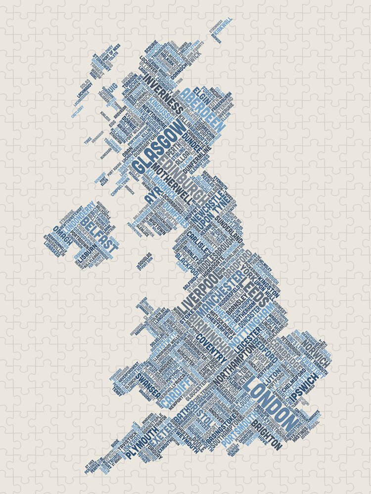 United Kingdom Jigsaw Puzzle featuring the digital art Great Britain UK City Text Map #7 by Michael Tompsett