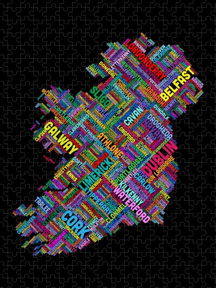Ireland Map Jigsaw Puzzle featuring the digital art Ireland Eire City Text map #8 by Michael Tompsett