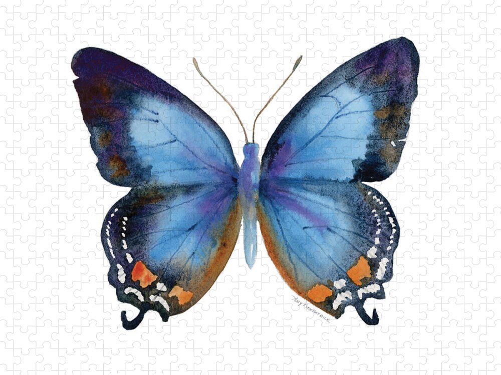 Imperial Blue Butterfly Blue Butterfly Butterflies Blue And Orange Butterfly Butterfly Blue And Black Butterfly Nature Wings Winged Insect Nature Watercolor Butterflies Watercolor Butterfly Butterfly On White Background White Background Butterfly With White Background Blue Butterfly Face Mask Jigsaw Puzzle featuring the painting 80 Imperial Blue Butterfly by Amy Kirkpatrick