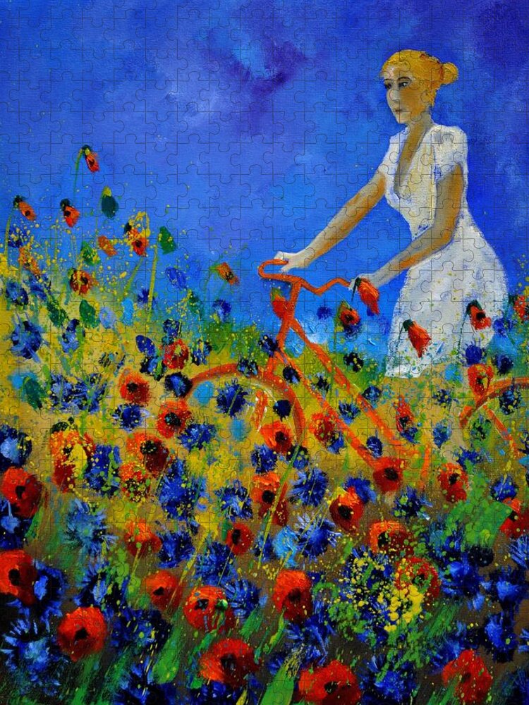 Flowers Jigsaw Puzzle featuring the painting A bicycle amid the flowers by Pol Ledent