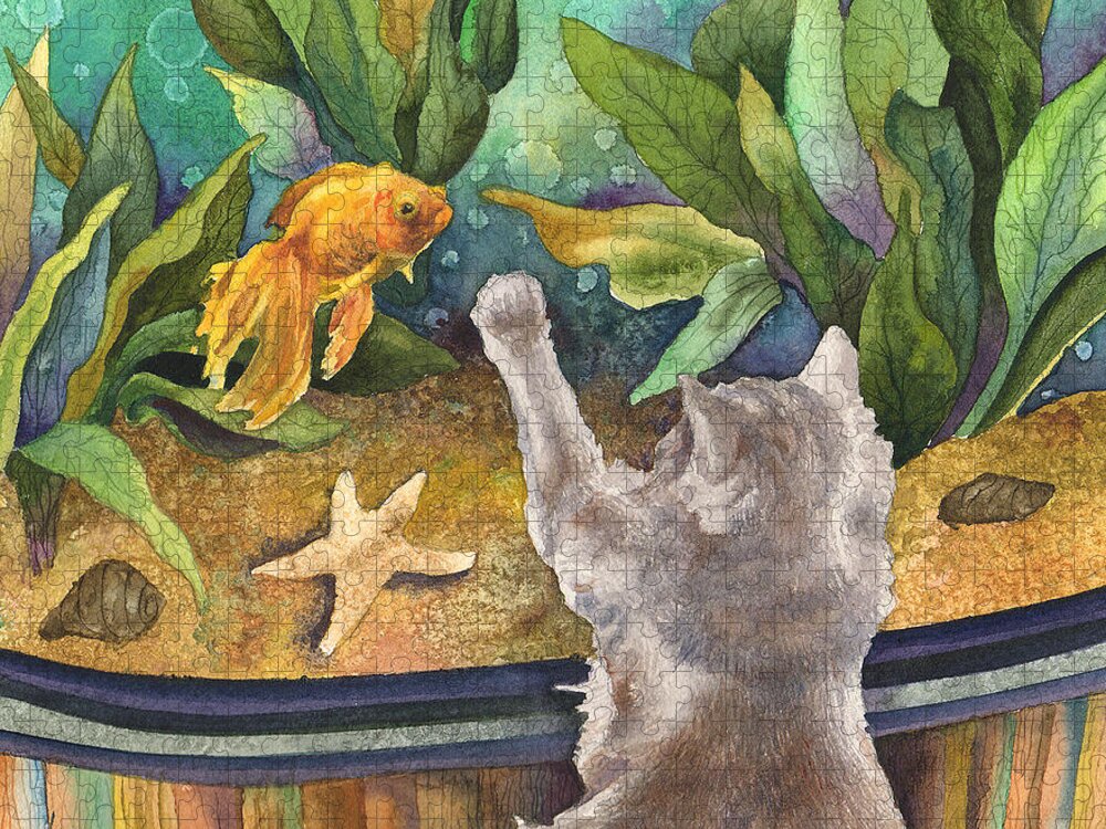 Cat Painting Jigsaw Puzzle featuring the painting A Cat and a Fish Tank by Anne Gifford