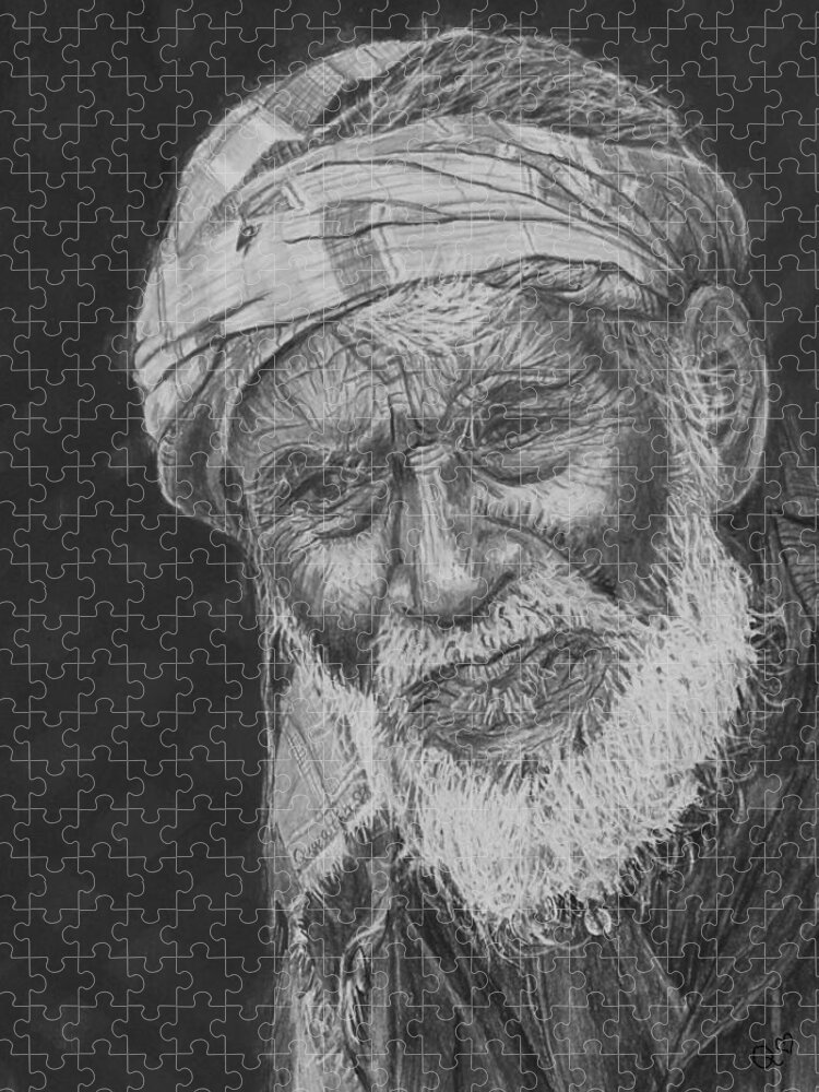 Old Man Jigsaw Puzzle featuring the drawing A Fly on his Turban by Quwatha Valentine