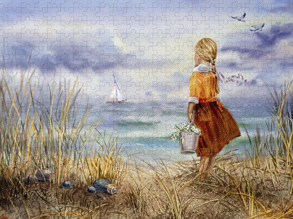 Girl And Ocean Jigsaw Puzzle featuring the painting A Girl And The Ocean by Irina Sztukowski
