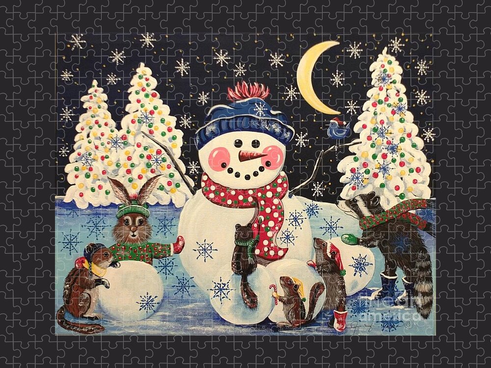 Snow Jigsaw Puzzle featuring the painting A Magical Night in the Snow by Jennifer Lake