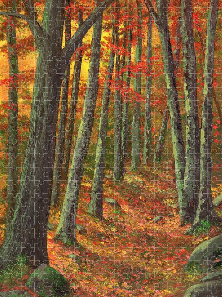 Road In The Woods Jigsaw Puzzle featuring the painting A Road Less Traveled by Frank Wilson