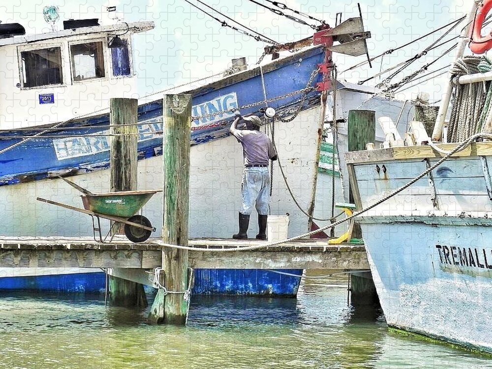 Shrimp Boat Jigsaw Puzzle featuring the photograph A Shrimper's Work Is Never Done by Patricia Greer