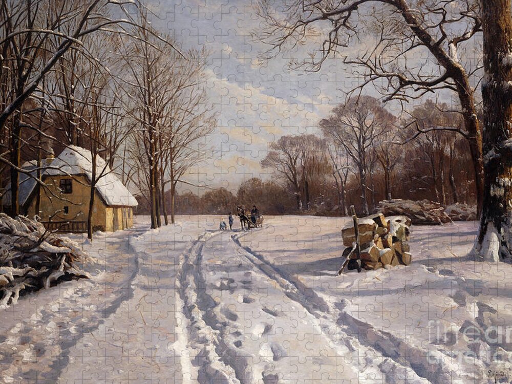 Danish Jigsaw Puzzle featuring the painting A Sleigh Ride through a Winter Landscape by Peder Monsted