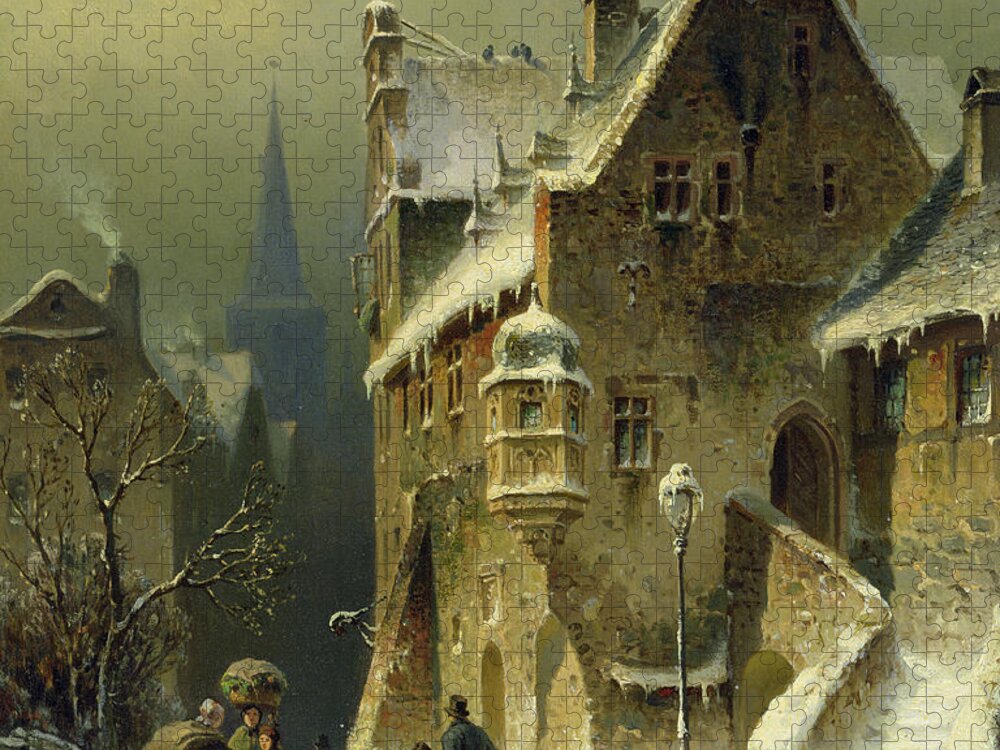 Schlieker Puzzle featuring the painting A Small Town in the Rhine by August Schlieker