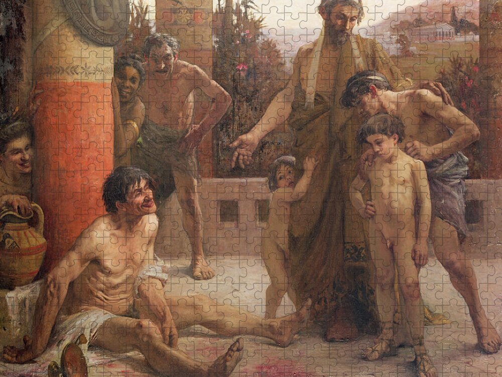 A Spartan Points Out A Drunken Slave To His Sons Jigsaw Puzzle featuring the painting A Spartan points out a drunken slave to his sons by Fernand Sabbate