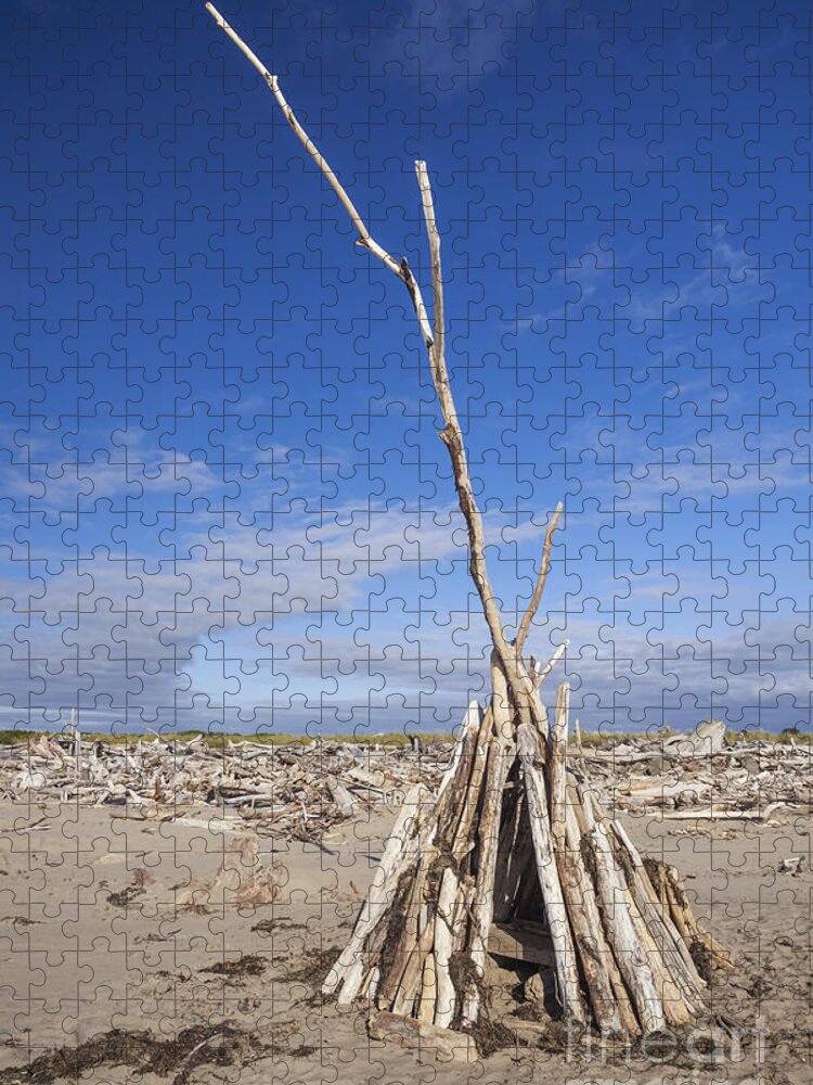 Bandon Jigsaw Puzzle featuring the photograph A Teepee Madeup Of Driftwood At Bandon Beach by Bryan Mullennix