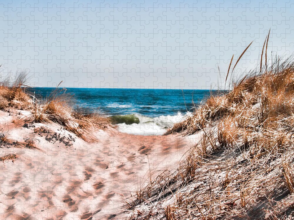 Beach Retaining Fence Jigsaw Puzzle featuring the photograph A walk out to the water by Jeff Folger