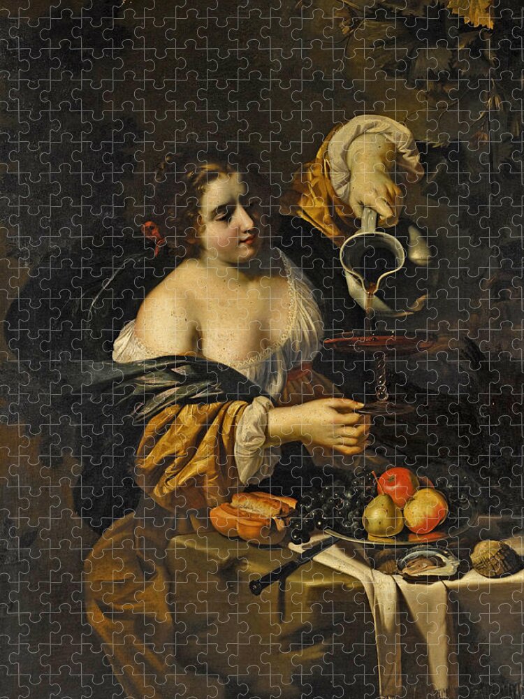 Nicolas Regnier Jigsaw Puzzle featuring the painting A young woman pouring red wine from a pitcher into a glass by Nicolas Regnier