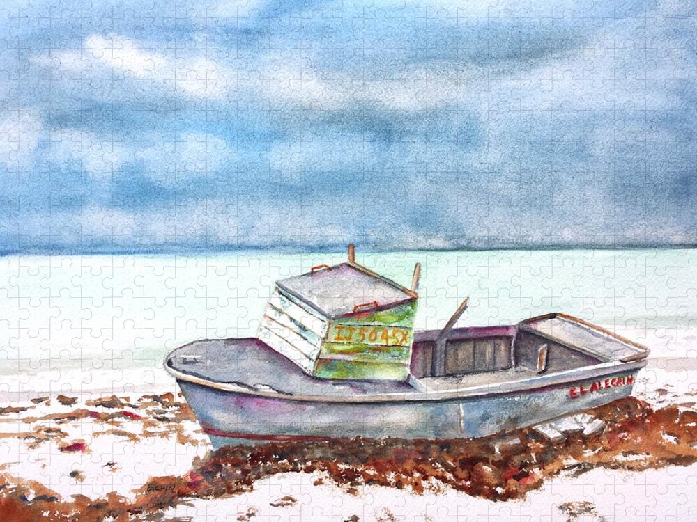 Boat Jigsaw Puzzle featuring the painting Abandoned Beached Wood Boat by Carlin Blahnik CarlinArtWatercolor