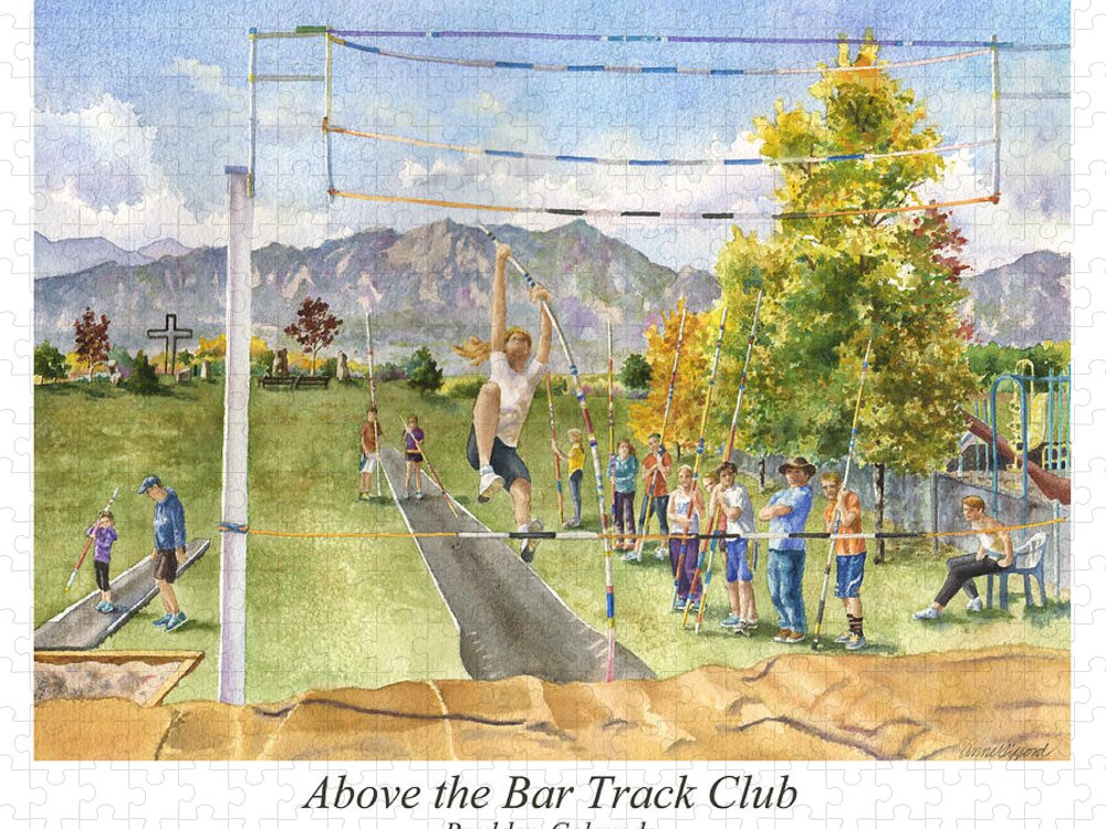 Pole Vaulting Painting Jigsaw Puzzle featuring the painting Above the Bar Track Club Poster by Anne Gifford