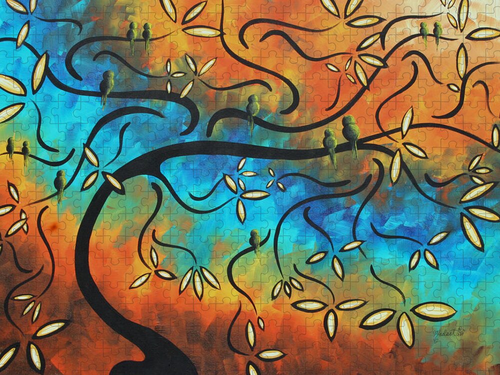 Abstract Jigsaw Puzzle featuring the painting Abstract Bird Painting Original Art MADART Tree House by Megan Aroon