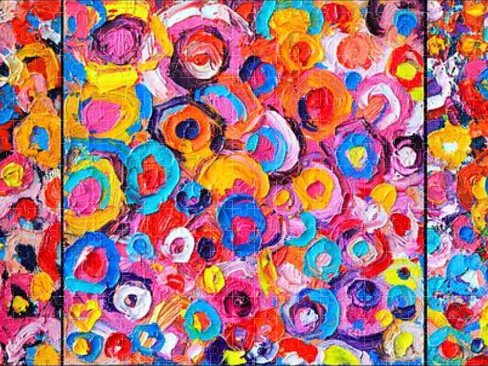 Abstract Jigsaw Puzzle featuring the painting Abstract Colorful Flowers Triptych by Ana Maria Edulescu
