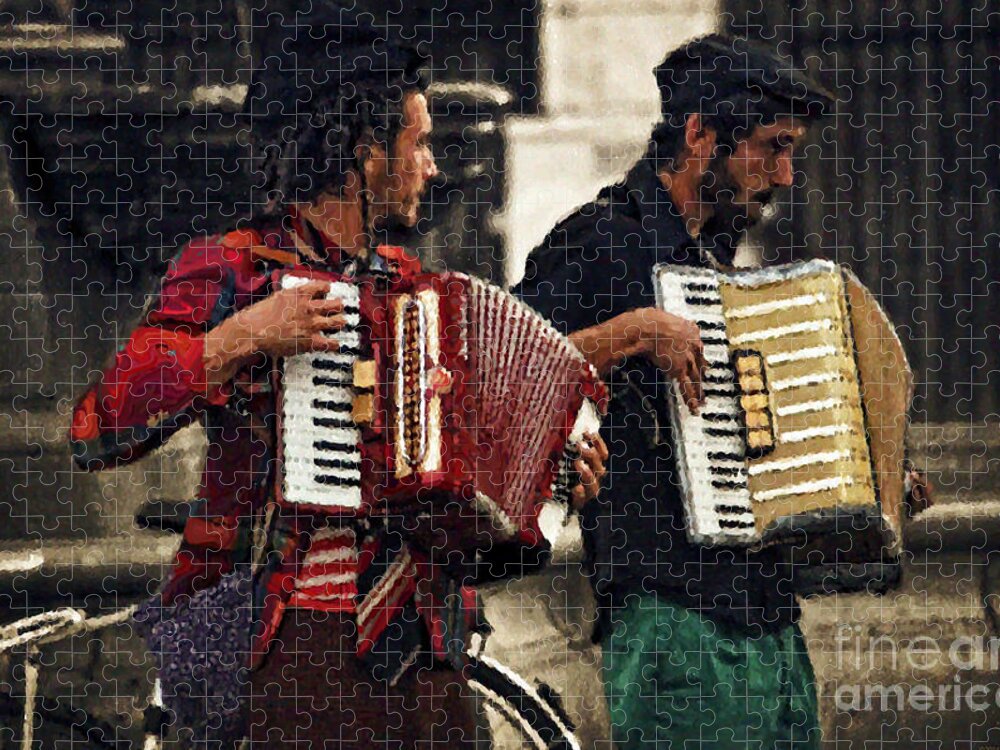 Accordion Players In The Plaza Jigsaw Puzzle featuring the digital art Accordion Players in the Plaza by Mary Machare