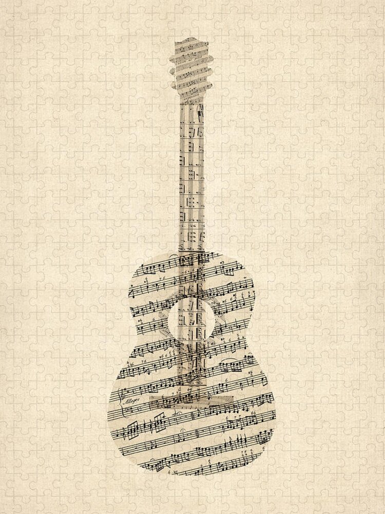 Acoustic Guitar Jigsaw Puzzle featuring the digital art Acoustic Guitar Old Sheet Music by Michael Tompsett