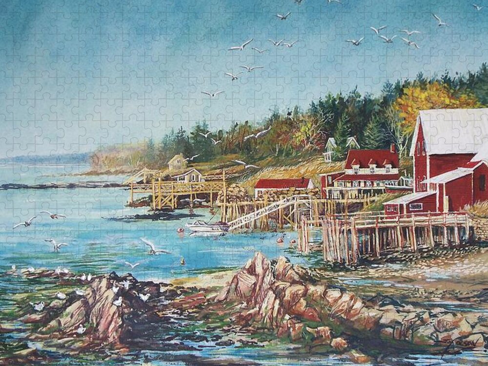  Seagulls Jigsaw Puzzle featuring the painting Across the Bridge by Joy Nichols