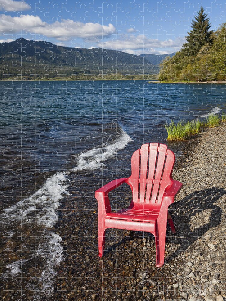 Adirondack Chair Jigsaw Puzzle featuring the photograph Adirondack Chair by Lake by Bryan Mullennix