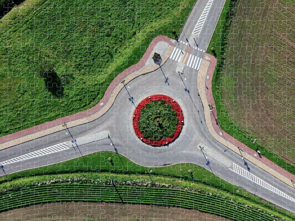 Grass Jigsaw Puzzle featuring the photograph Aerial Photo Of Traffic Circle In by Dariuszpa