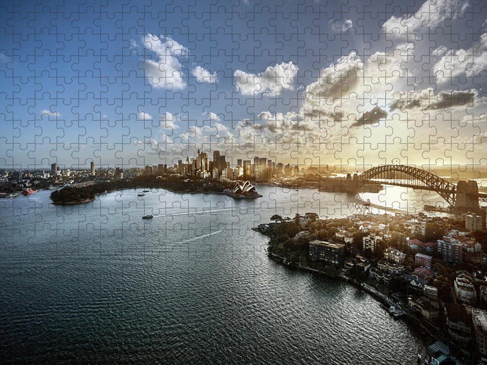 Sydney Harbor Bridge Jigsaw Puzzle featuring the photograph Aeriall View Of Sydney Harbour At Sunset by Howard Kingsnorth