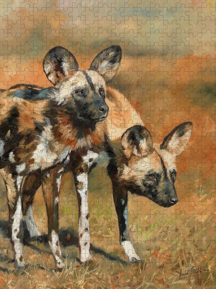 Wild Dogs Puzzle featuring the painting African Wild Dogs by David Stribbling