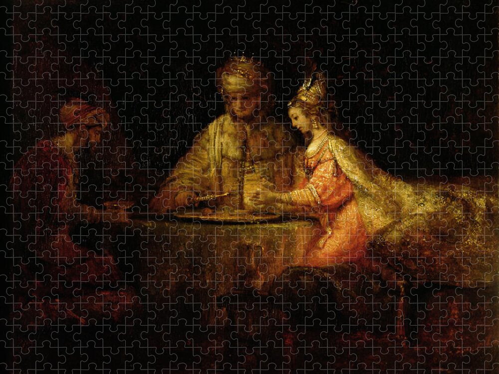 Old Testament Jigsaw Puzzle featuring the photograph Ahasuerus Xerxes, Haman And Esther, C.1660 Oil On Canvas by Rembrandt Harmensz. van Rijn