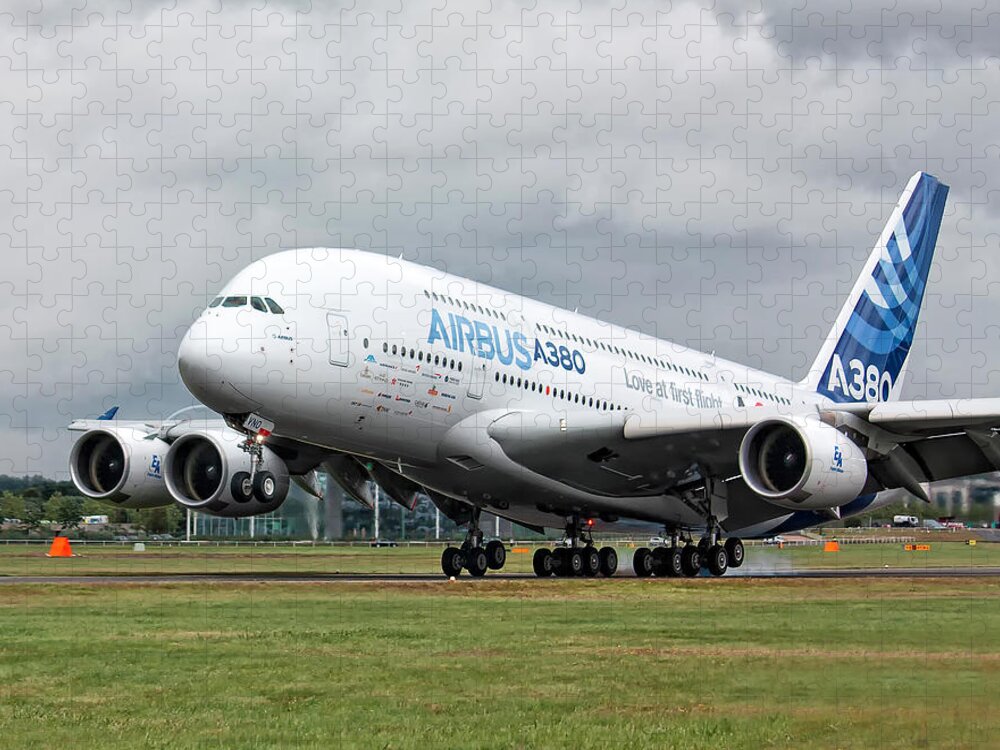 Airbus A380 Jigsaw Puzzle featuring the photograph Airbus A380 Landing by Shirley Mitchell