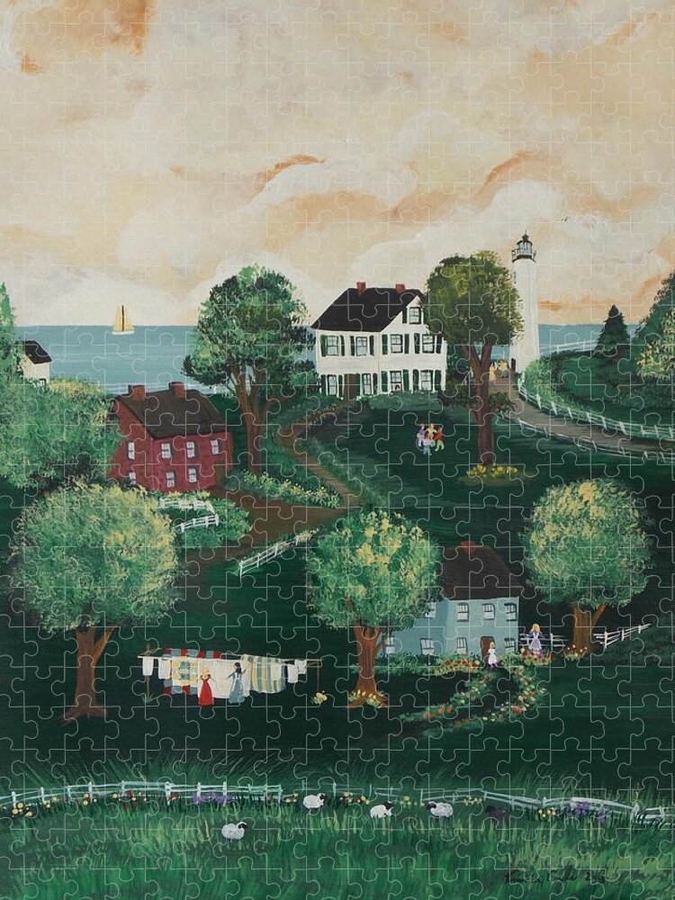 Folk Art Jigsaw Puzzle featuring the painting Airing Out The Quilts by Virginia Coyle