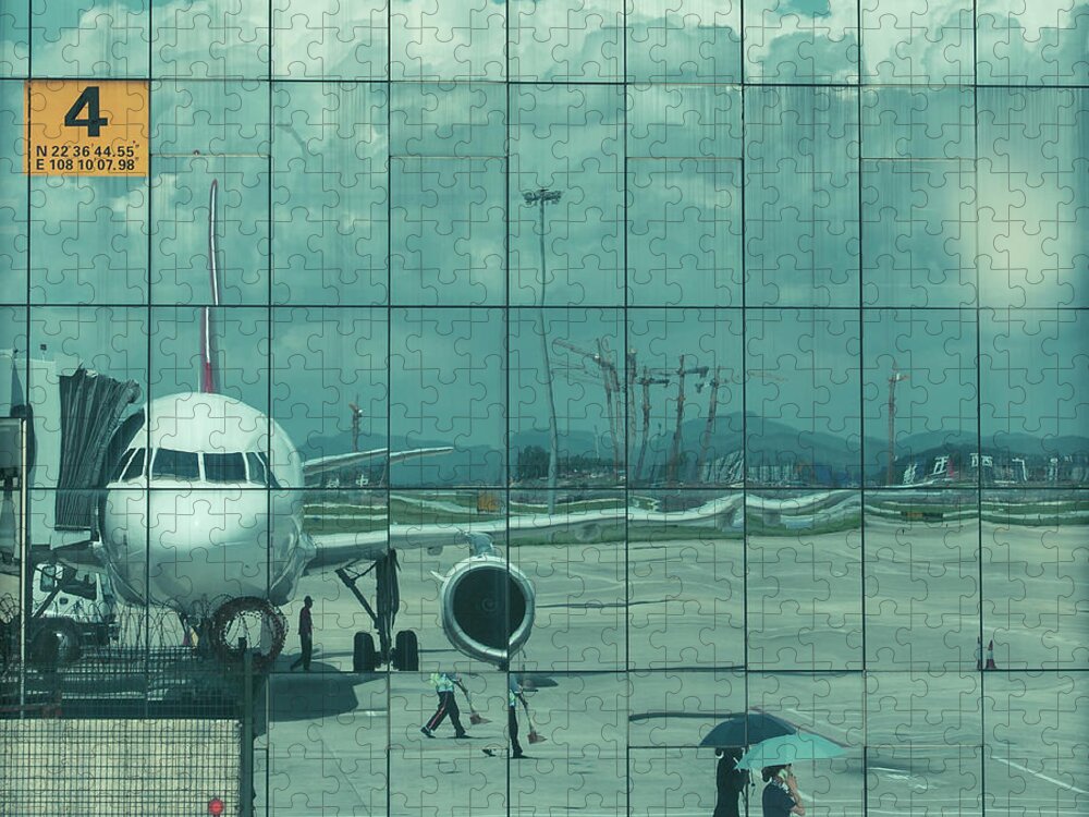People Jigsaw Puzzle featuring the photograph Airplane Reflections And Umbrella by Capturing A Second In Life, Copyright Leonardo Correa Luna