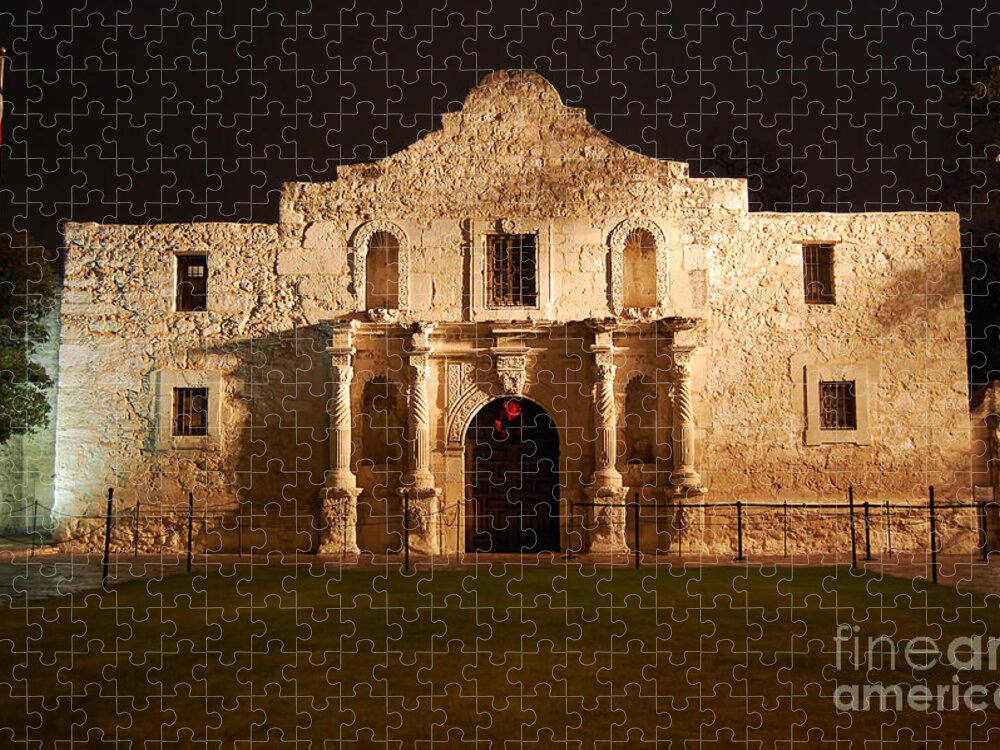 Travelpixpro San Antonio Jigsaw Puzzle featuring the photograph Alamo Mission Entrance Front Profile at Night in San Antonio Texas by Shawn O'Brien